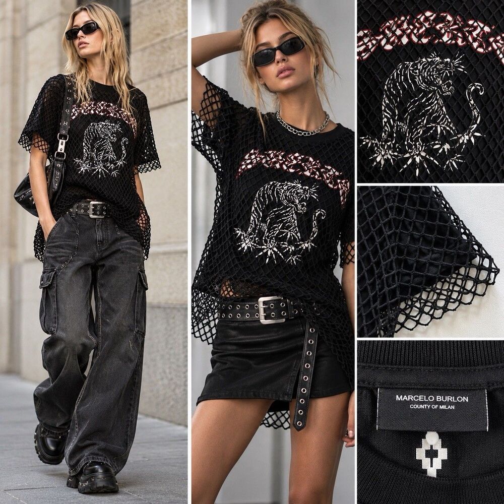 Marcelo Burlon Marena Net Tiger Mesh T-Shirt Women’s XS Black Portugal Grunge